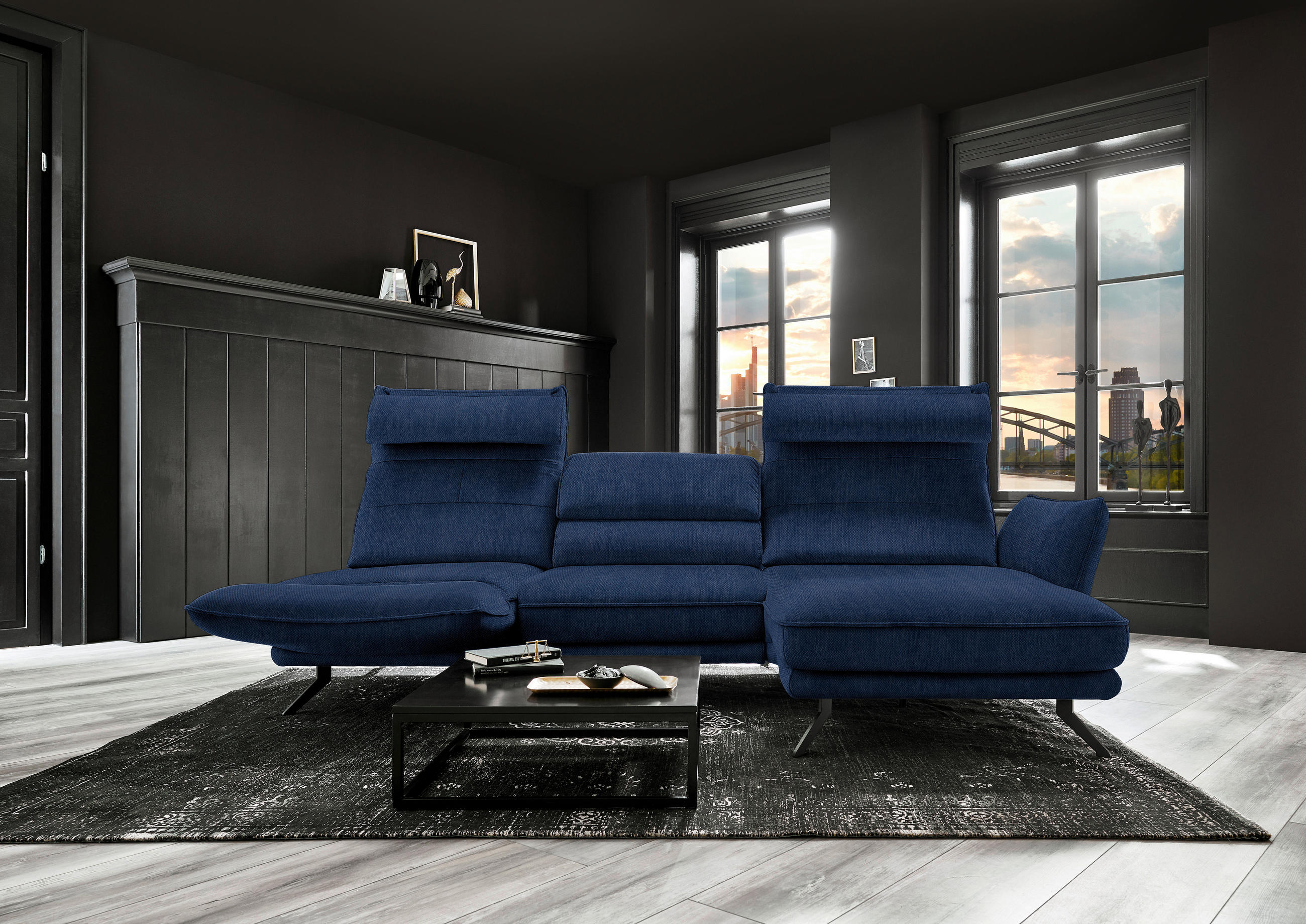 ECKSOFA in Velours Royalblau  - Royalblau/Schwarz, Design, Textil/Metall (283/153cm) - Valdera