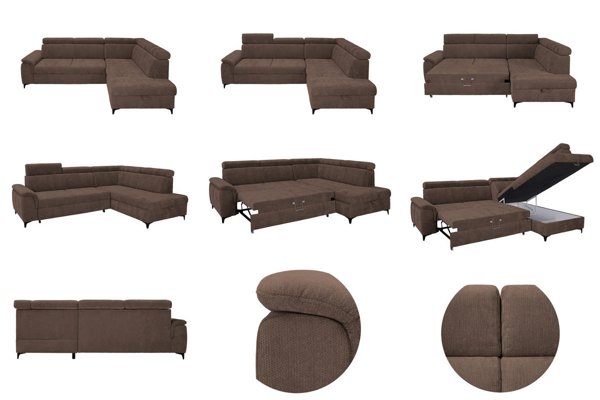 ECKSOFA Dunkelbraun Chenille Bettkasten, Schlaffunktion, Rücken echt, Kopfteilverstellung, Liegefläche im Originalstoff  - Dunkelbraun/Schwarz, KONVENTIONELL, Textil/Metall (265/206cm) - Carryhome
