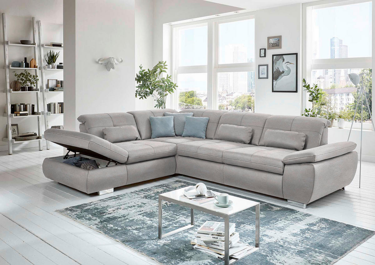 ECKSOFA in Mikrofaser Ecru  260/318 cm  - Ecru/Silberfarben, Design, Textil/Metall (260/318cm) - Beldomo Speed