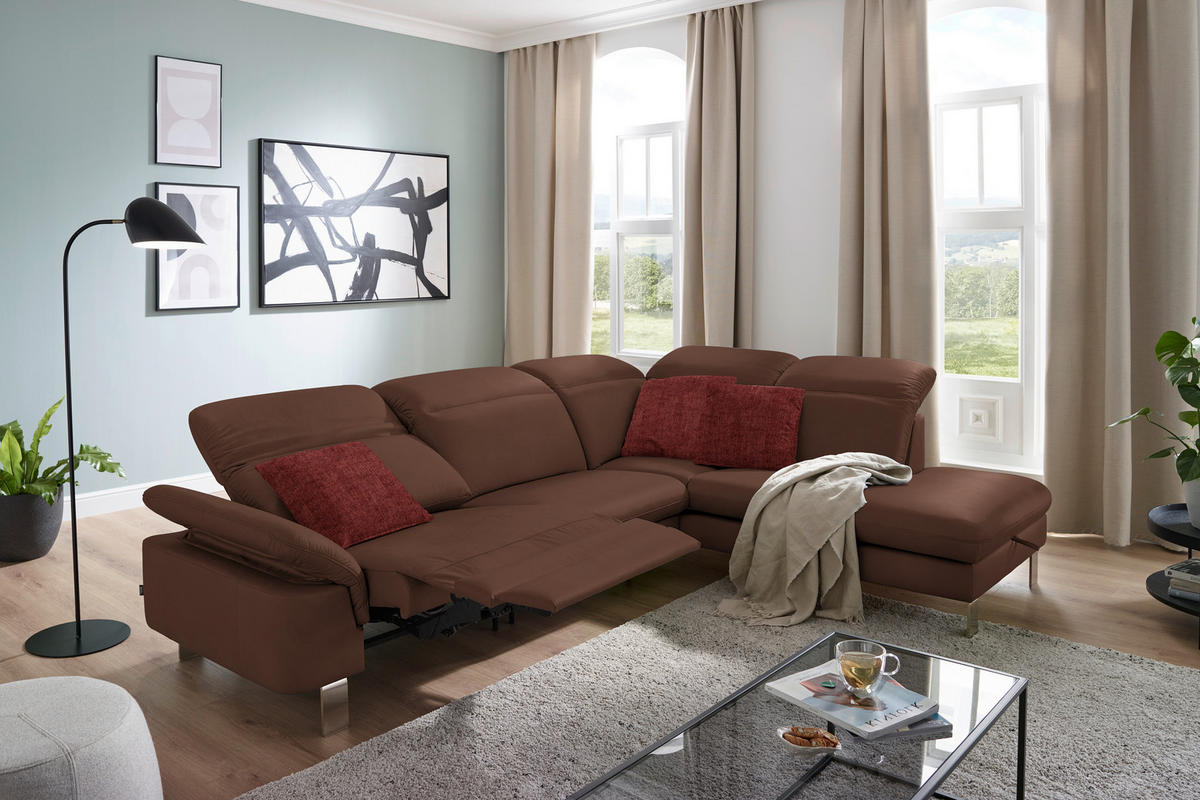 ECKSOFA in Echtleder Braun  309/233 cm  - Edelstahlfarben/Braun, Design, Leder/Metall (309/233cm) - Dieter Knoll