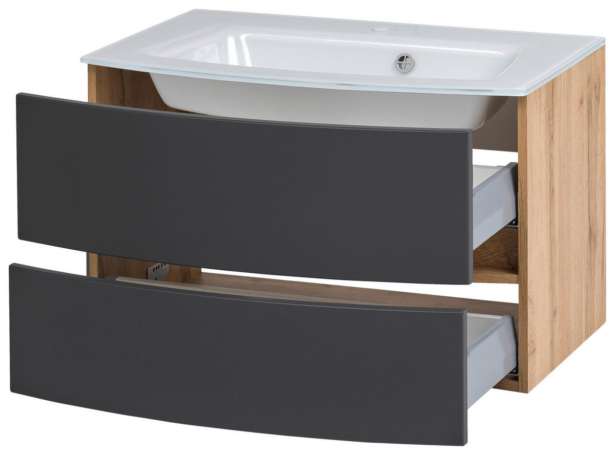 SKŘÍŇKA S UMYVADLEM, šedá, barvy dubu, 80 cm - šedá/bílá, Konvenční, kompozitní dřevo/sklo (80cm) - Held