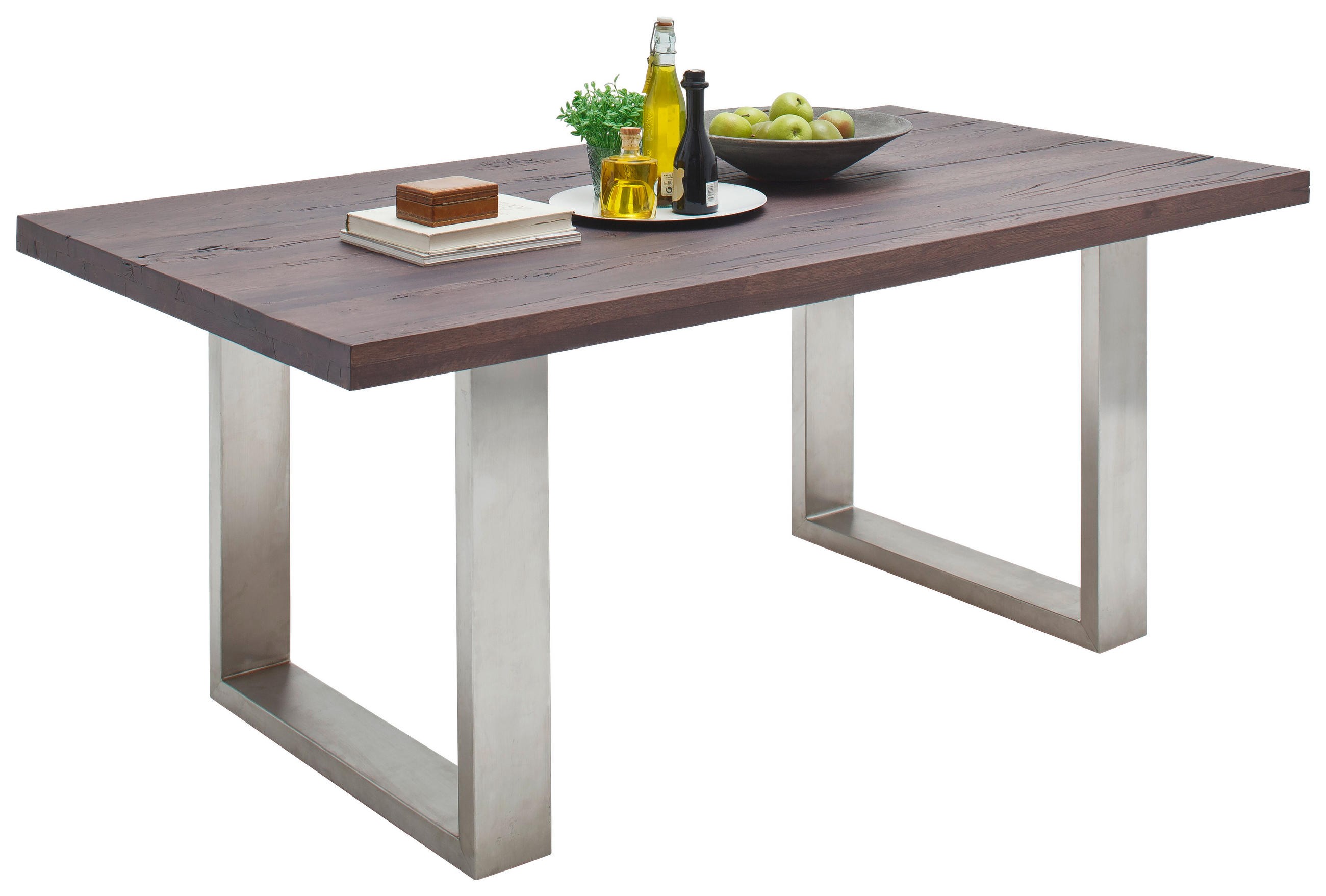 ESSTISCH 220/100/77 cm Eiche massiv Holz, Metall Eichefarben, Edelstahlfarben rechteckig - Edelstahlfarben/Eichefarben, Design, Holz/Metall (220/100/77cm) - Novel