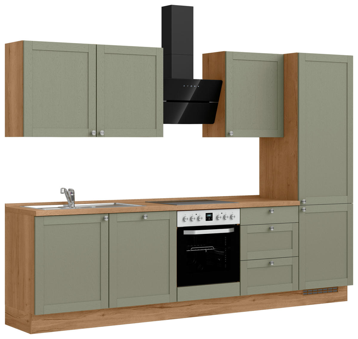 KÜCHENBLOCK Frame 300 cm  in Eichefarben, Olivgrün  - Edelstahlfarben/Eichefarben, MODERN, Holzwerkstoff/Metall (300cm) - Nobilia