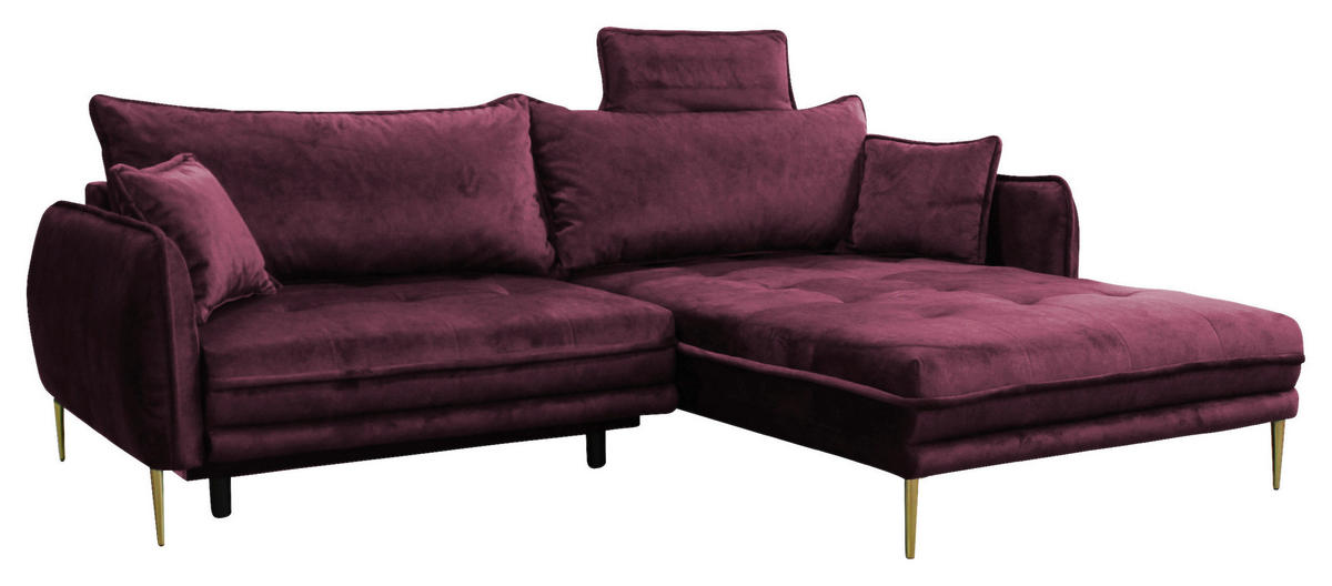 ECKSOFA Weinrot Velours  - Weinrot/Goldfarben, Design, Textil/Metall (264/196cm) - MID.YOU
