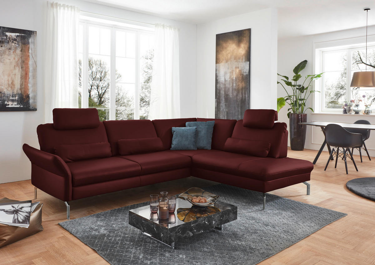 ECKSOFA in Echtleder Brombeere  284/220 cm  - Brombeere/Alufarben, KONVENTIONELL, Leder/Metall (284/220cm) - Beldomo Premium