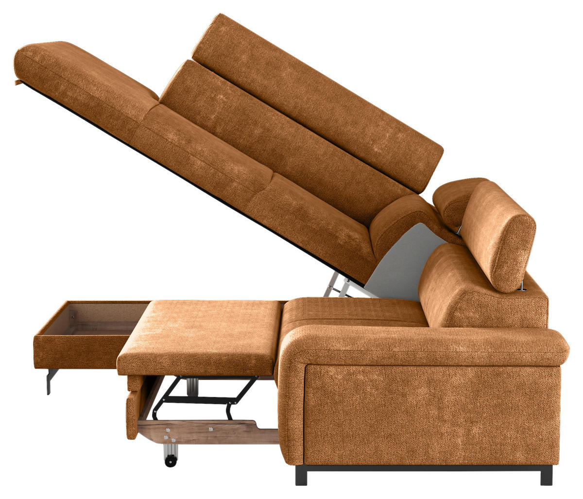 ECKSOFA in Chenille Cognac  - Cognac/Schwarz, Textil/Metall (215/262cm) - MID.YOU
