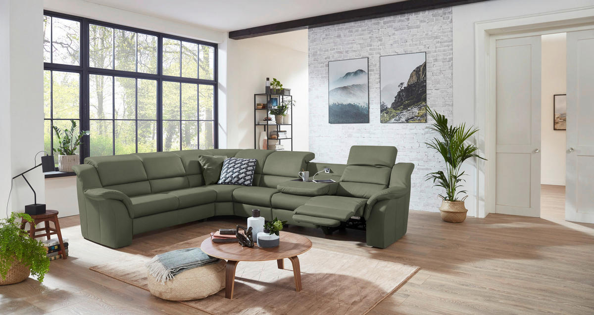 ECKSOFA  in Echtleder Schilfgrün  260/324 cm  - Schilfgrün/Schwarz, KONVENTIONELL, Leder/Kunststoff (260/324cm) - Cantus