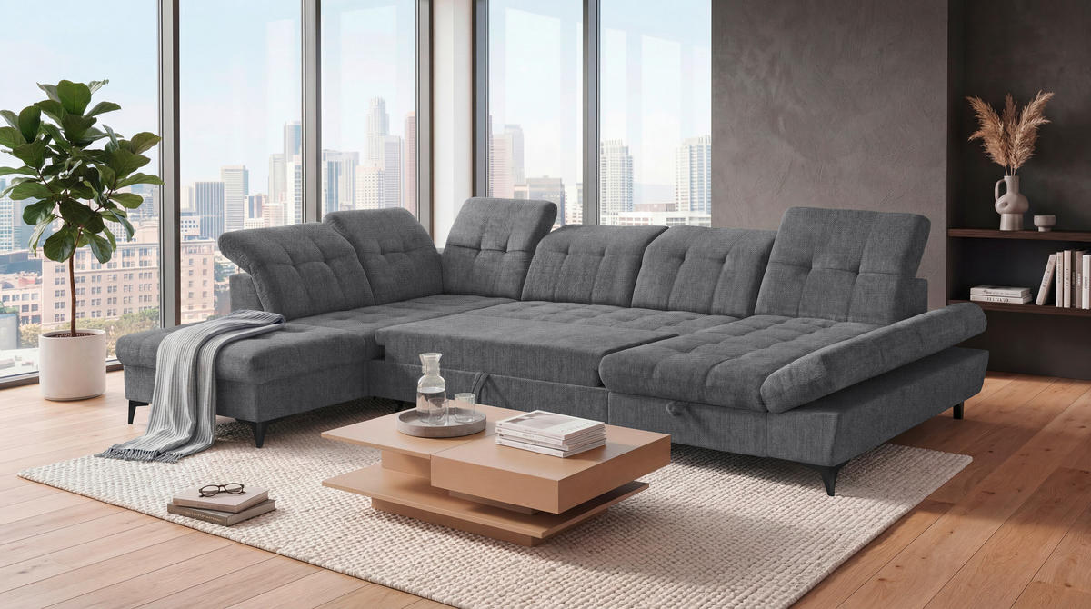 WOHNLANDSCHAFT Mikrovelours Anthrazit  - Anthrazit/Schwarz, Modern, Kunststoff/Textil (245/348/168cm) - MID.YOU