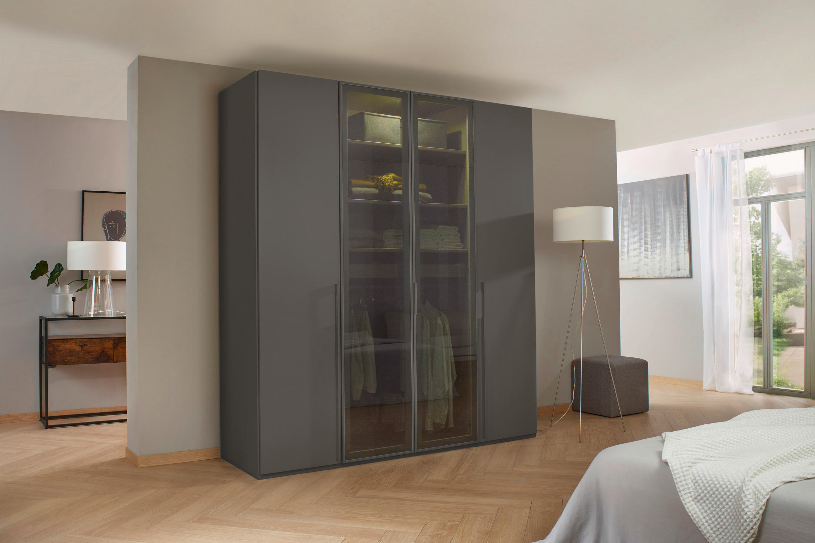 DREHTÜRENSCHRANK 201/223/60 cm 4-türig Graphitfarben, Grau  - Graphitfarben/Grau, Trend, Glas/Holzwerkstoff (201/223/60cm) - Novel
