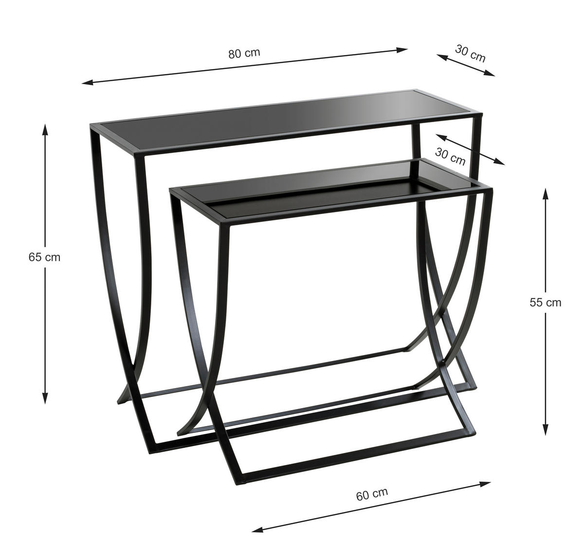 BEISTELLTISCHSET rechteckig Schwarz  - Schwarz, Design, Glas/Metall (60-80/30/55-65cm)