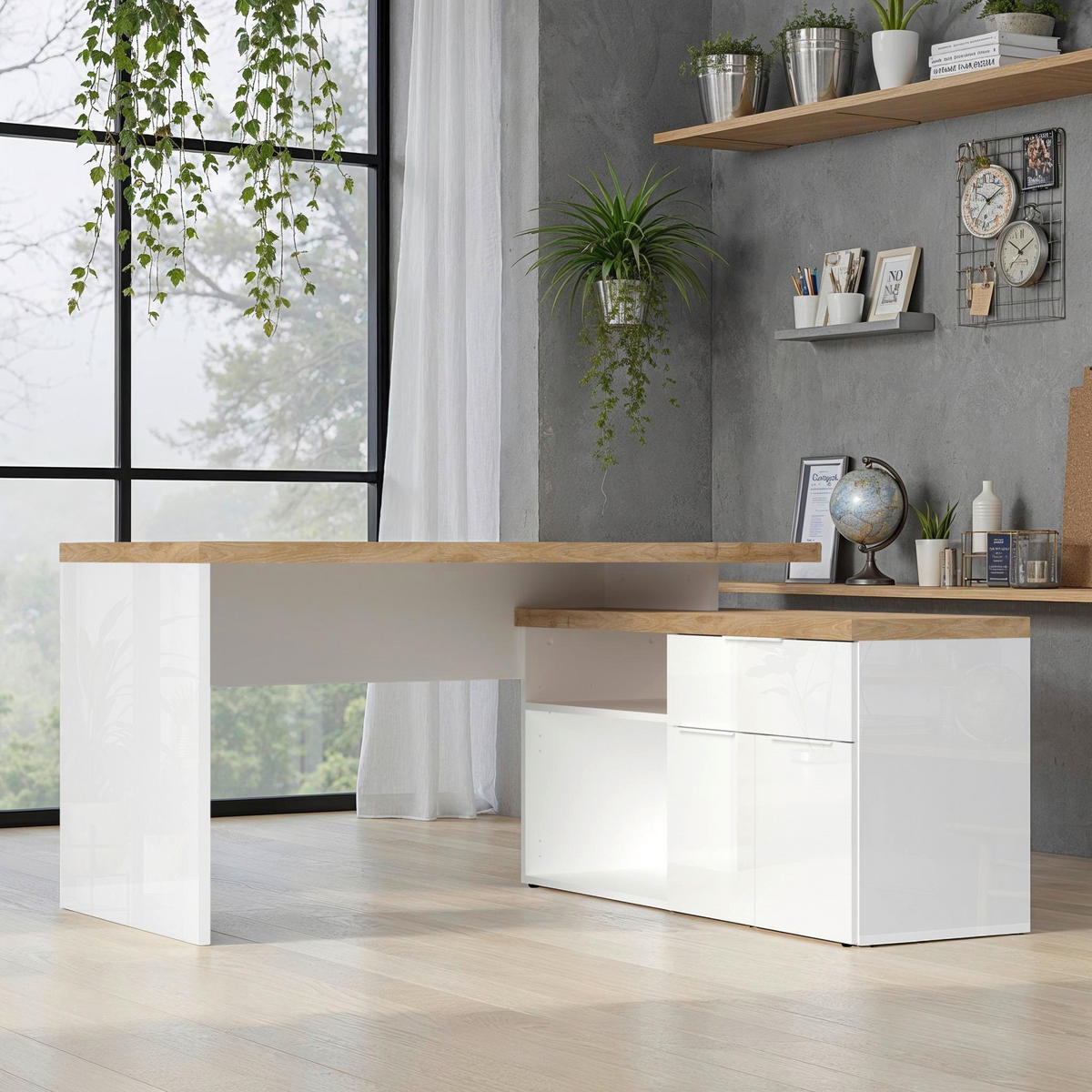 HÖRNSKRIVBORD 138/75/132 cm ekfärgad, vit högglans  - vit/vit högglans, Modern, metall/trämaterial (138/75/132cm) - Best Price