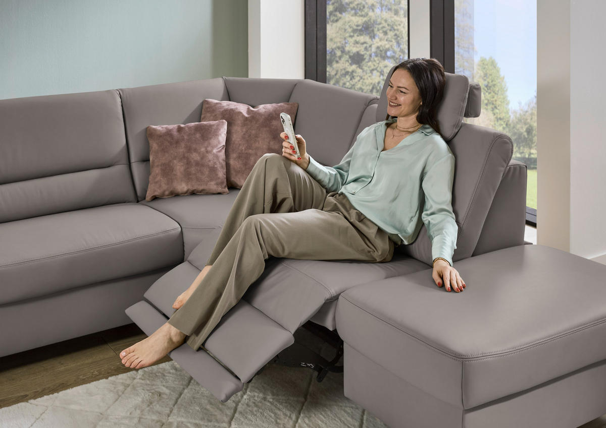 ECKSOFA Echtleder Hellgrau  - Hellgrau/Schwarz, Konventionell, Leder/Metall (290/249cm) - Beldomo Premium