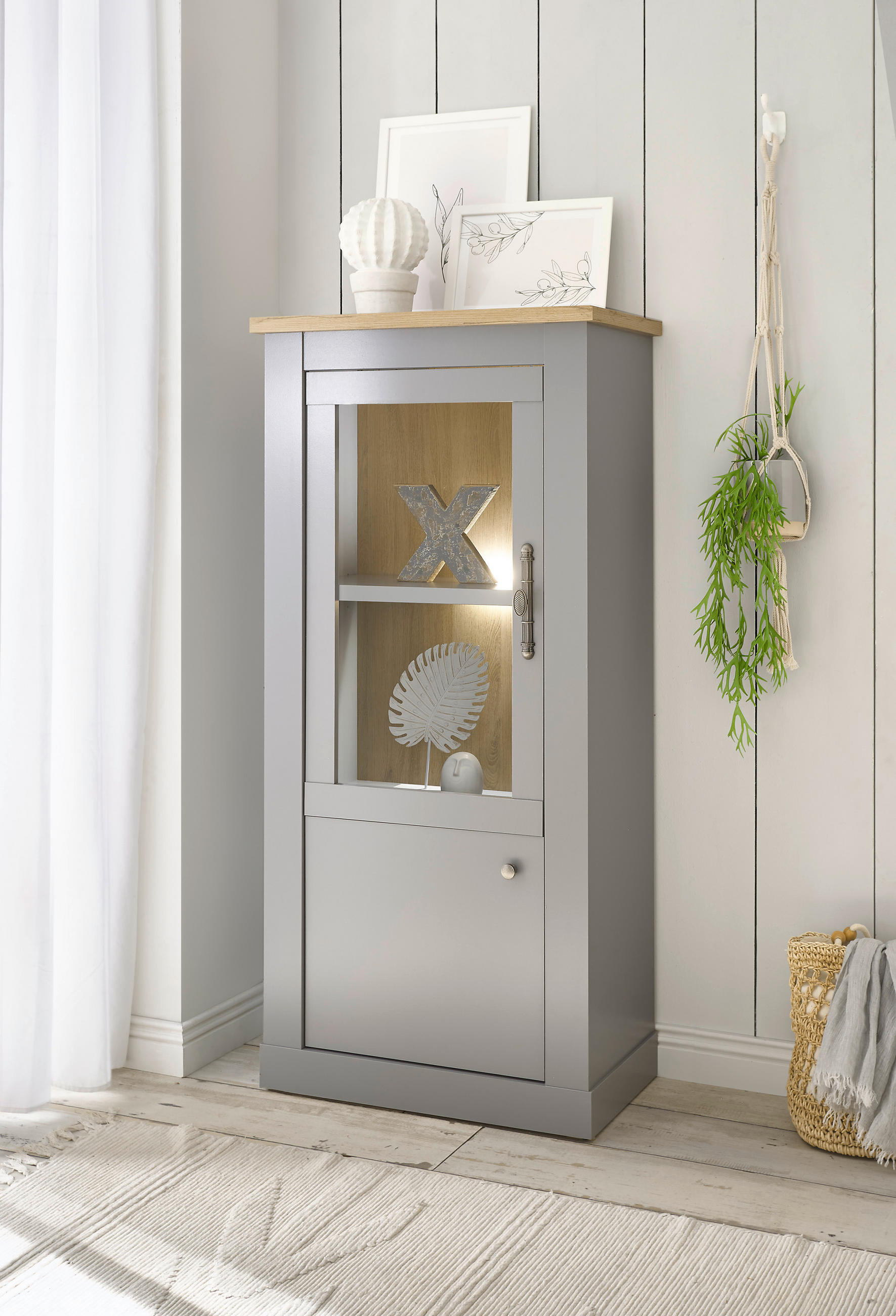 VITRINE in Eichefarben, Hellgrau  - Eichefarben/Silberfarben, Design, Holzwerkstoff/Metall (68/142/37cm) - MID.YOU