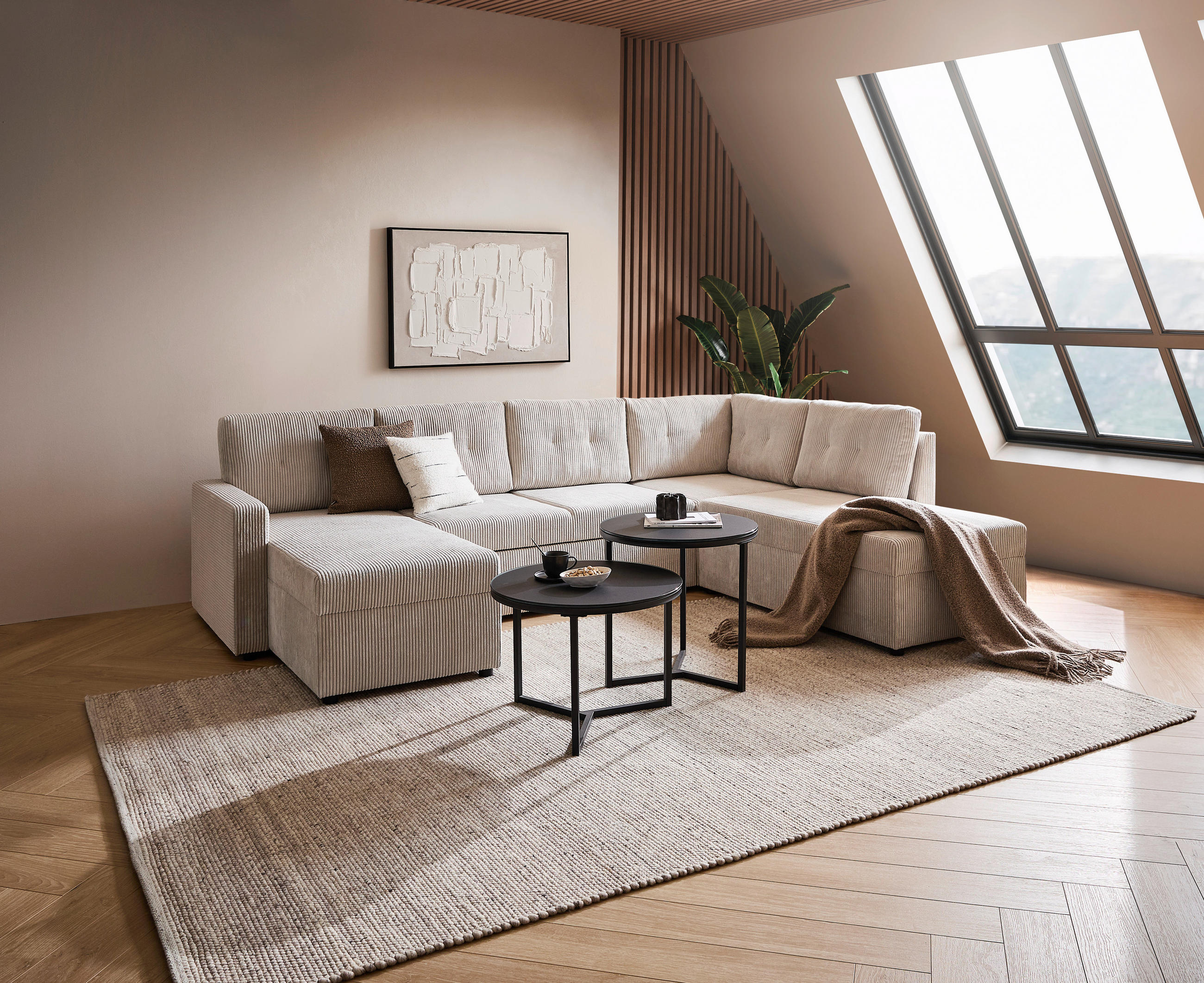 WOHNLANDSCHAFT Naturfarben Cord  - Schwarz/Naturfarben, KONVENTIONELL, Kunststoff/Textil (155/293/212cm) - Ti'me