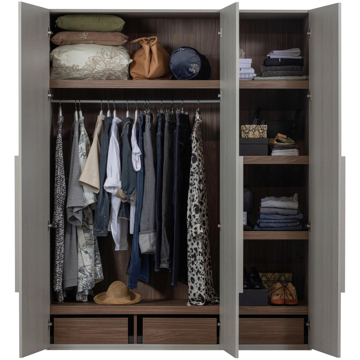 DREHTÜRENSCHRANK 165/210/58 cm 3-türig Grau  - Walnussfarben/Grau, Design, Holz (165/210/58cm) - Livetastic