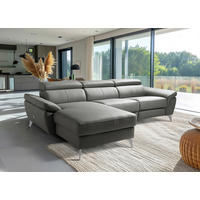 ECKSOFA SONO Anthrazit Echtleder Lederlook Bettkasten, Armteilverstellung, Kopfteilverstellung  - Chromfarben/Anthrazit, Design, Leder/Textil (252/179cm) - Livetastic