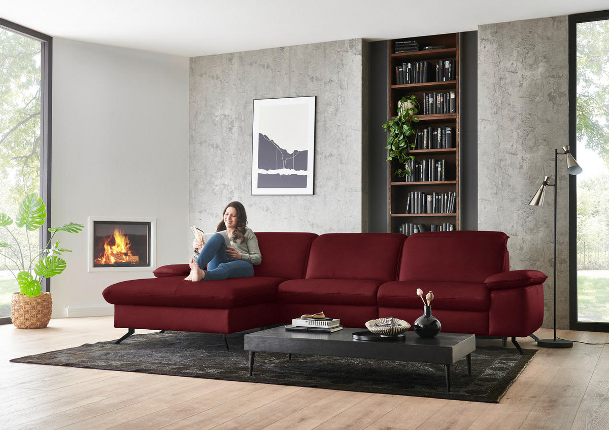 ECKSOFA  Echtleder Bordeaux  - Bordeaux/Schwarz, Design, Leder/Metall (169/307cm) - Beldomo Premium