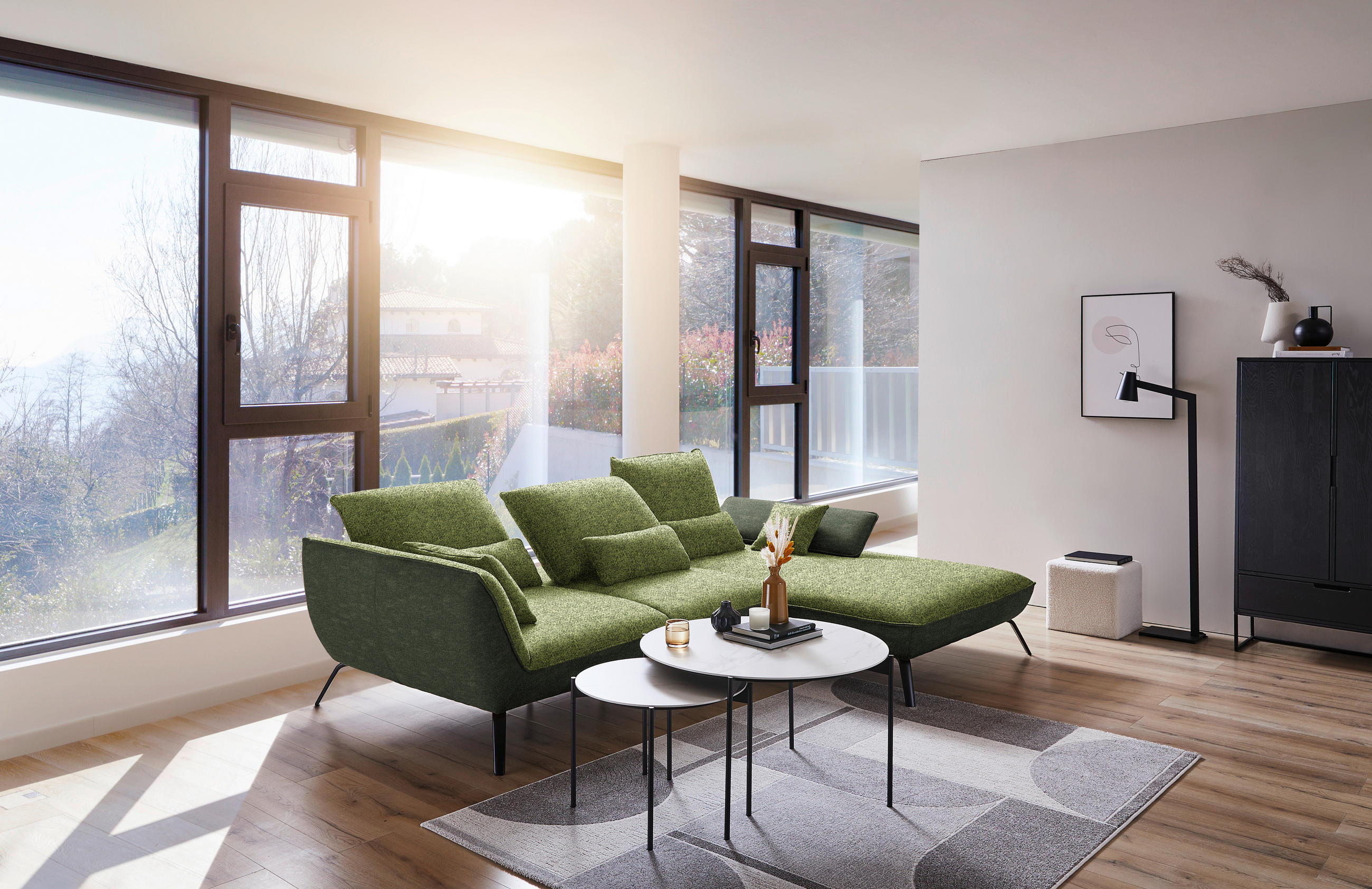 ECKSOFA in Flachgewebe Grün  - Schwarz/Grün, Design, Textil/Metall (301/191cm) - Moderano