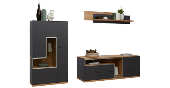WOHNWAND 3-teilig  in Grau, Eichefarben  290/161/52 cm  - Schieferfarben/Eichefarben, Design, Glas/Holz (290/161/52cm) - Dieter Knoll