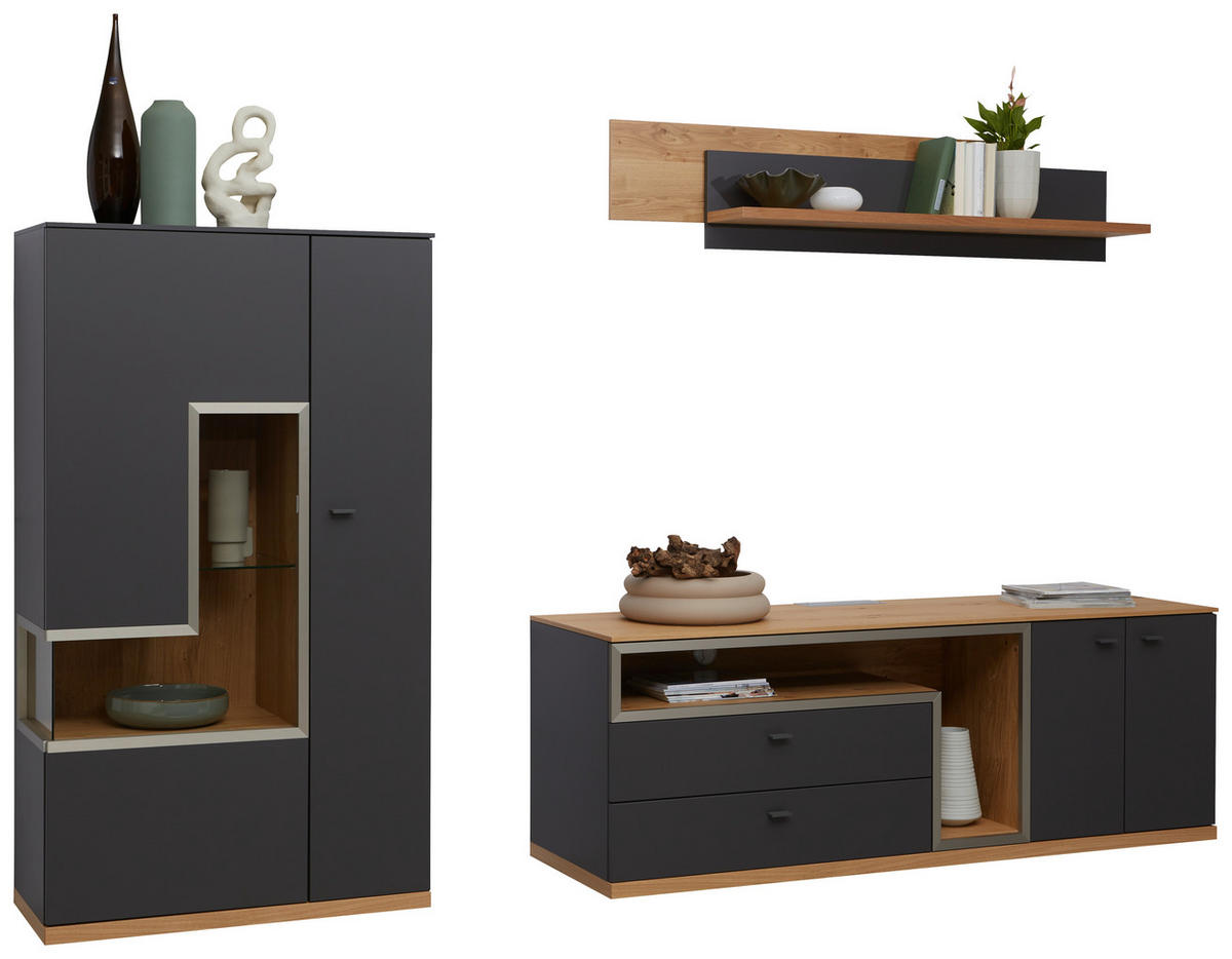 WOHNWAND 3-teilig  Grau, Eichefarben 290/161/52 cm  - Schieferfarben/Eichefarben, Design, Glas/Holz (290/161/52cm) - Dieter Knoll