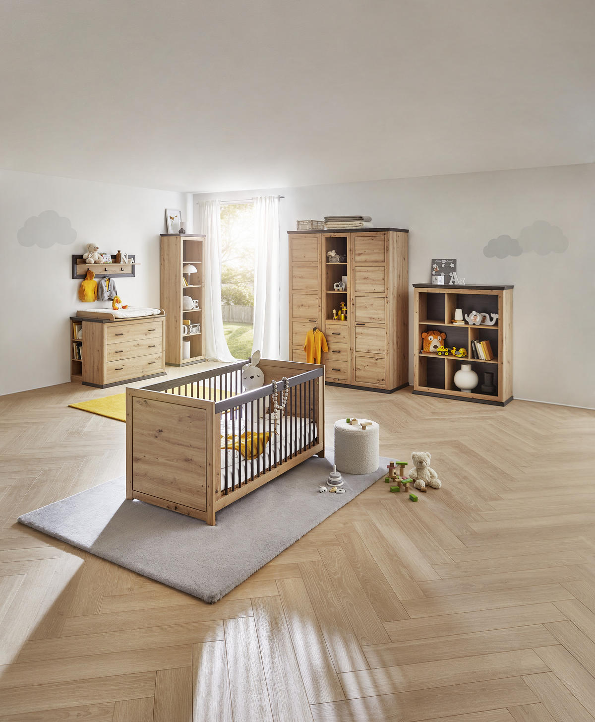 RÁCSOS KISÁGY Benton  - tölgyfa/sötétszürke, Natur, faalapú anyag/fa (145/76,50/80cm) - My Baby Lou