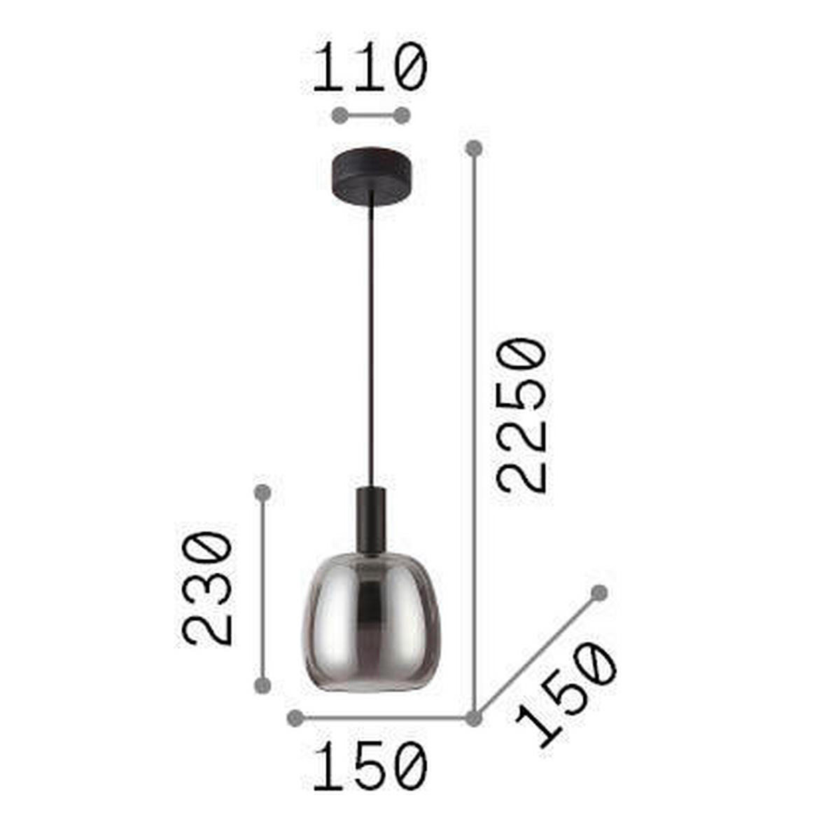 LED-HÄNGELEUCHTE Coco 15/225 cm   - Schwarz/Grau, Design, Glas/Metall (15/225cm) - Ideal Lux