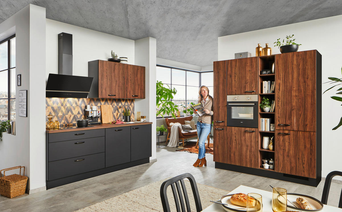 EINBAUKÜCHE   - Nussbaumfarben/Schwarz, Design, Holzwerkstoff - Celina