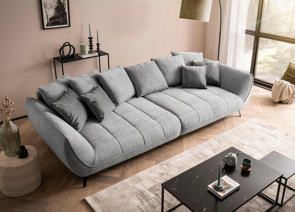 BIGSOFA in Flachgewebe Hellgrau  - Hellgrau/Schwarz, Design, Textil/Metall (311/95/130cm) - Livetastic