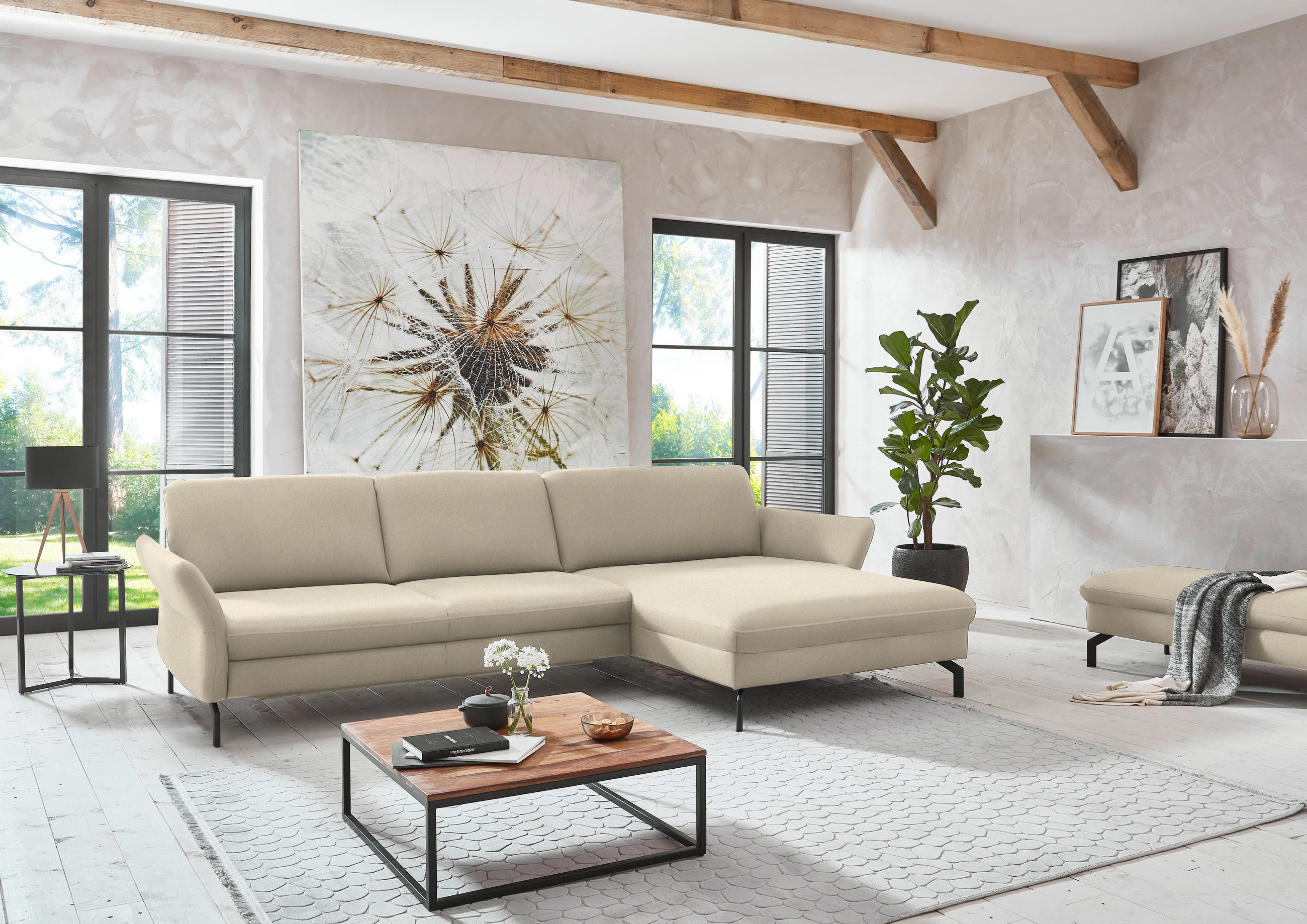 ECKSOFA in Velours Creme  - Creme/Schwarz, Design, Textil/Metall (306/179cm) - Beldomo System