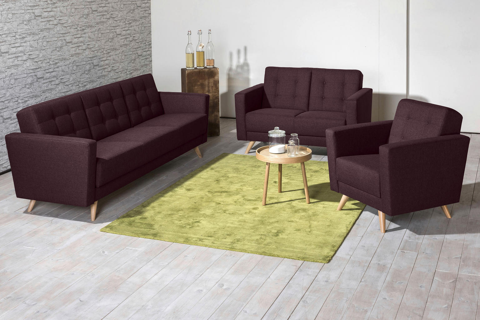 3-SITZER-SOFA Flachgewebe Dunkelrot - Einrichtungsbeispiel