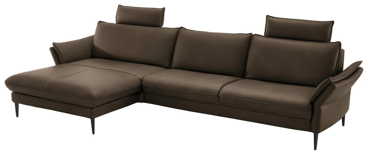 ECKSOFA in Echtleder Dunkelbraun  - Dunkelbraun/Schwarz, Design, Leder/Metall (172/334cm) - Hukla