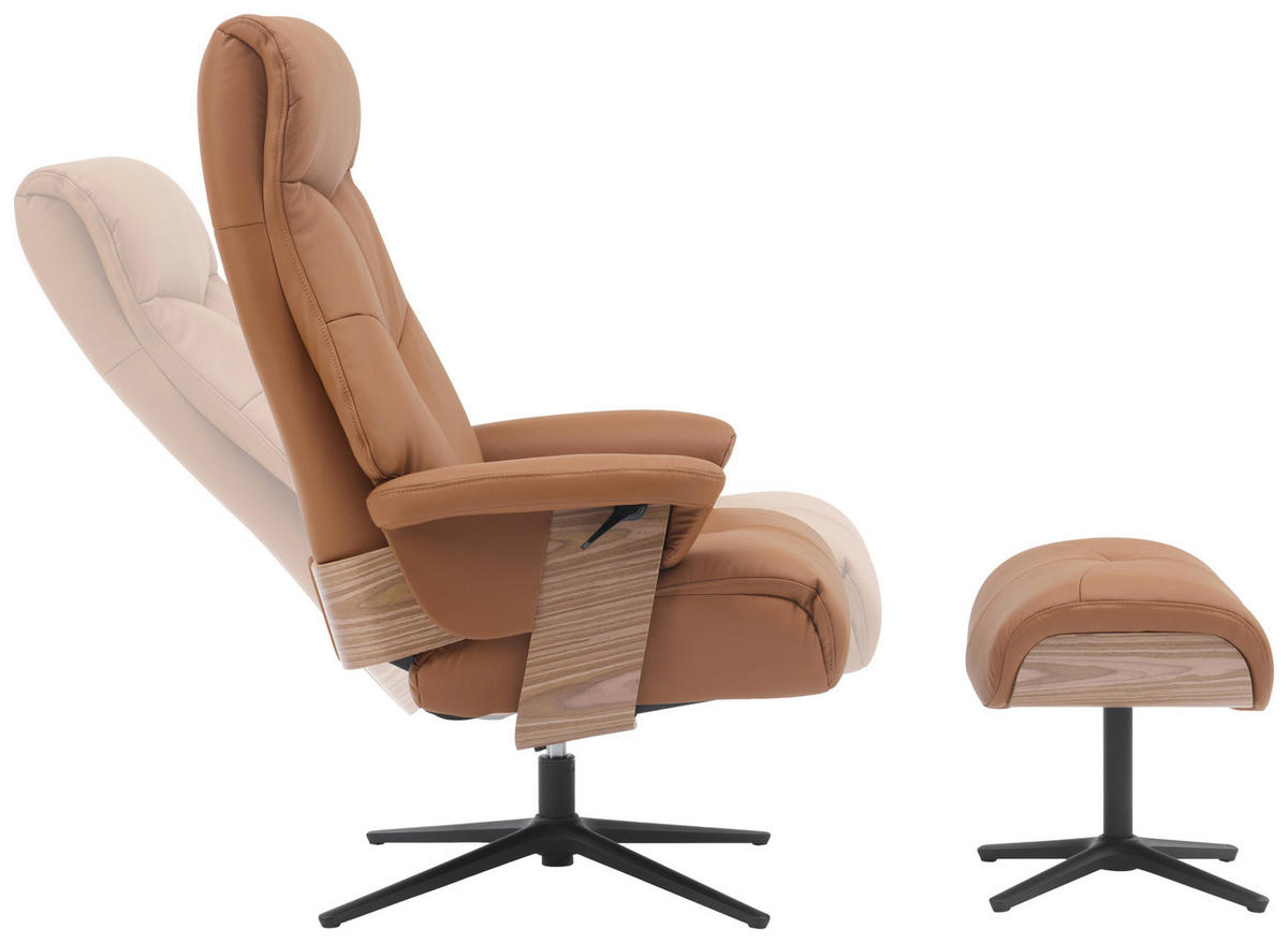 RELAXSESSELSET Lederlook Echtleder Hocker    - Schwarz/Braun, Design, Leder/Holz (78/111/81cm) - Livetastic