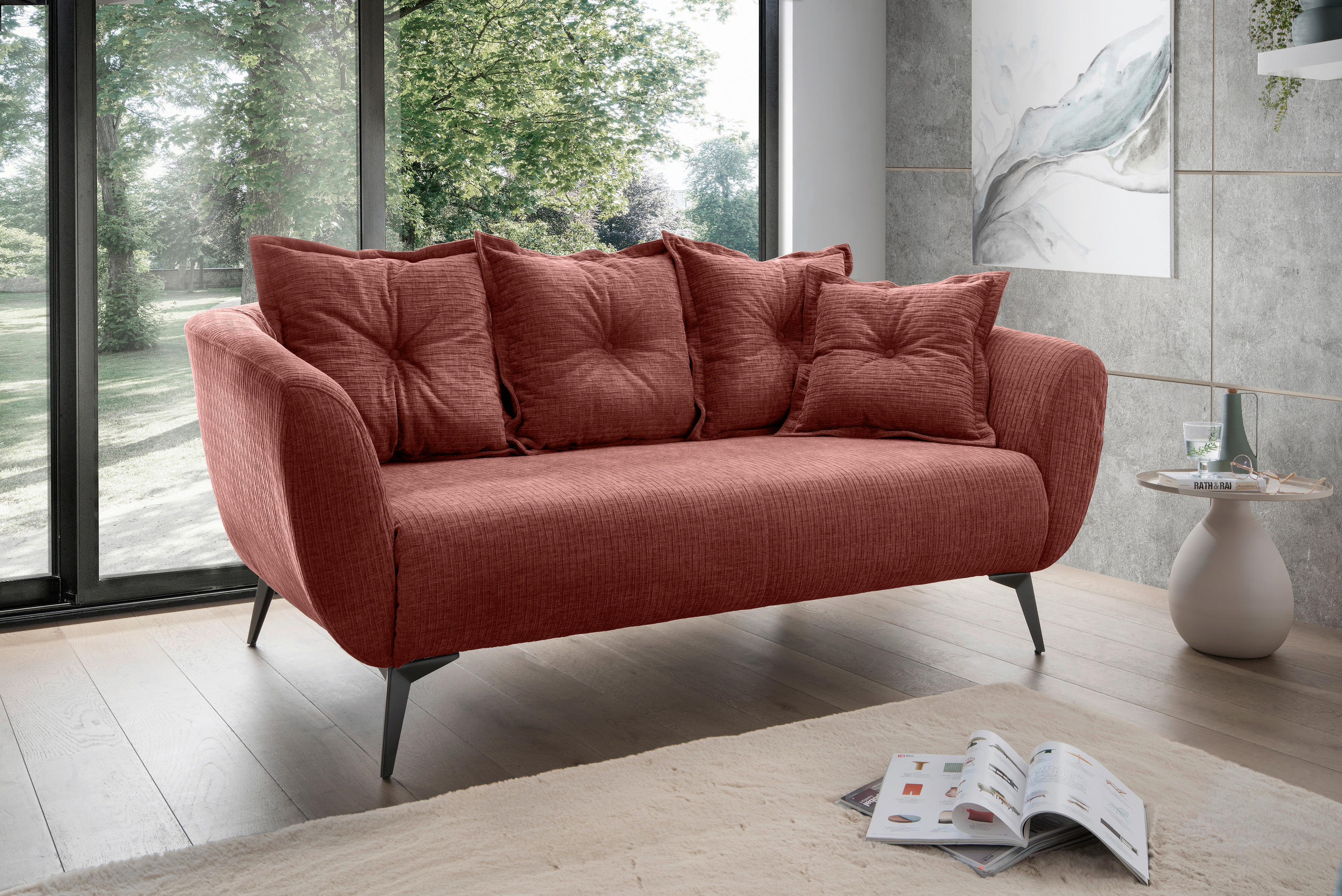 2,5-SITZER Mikrofaser Koralle  - Koralle/Schwarz, MODERN, Textil/Metall (196/94/103cm) - Livetastic
