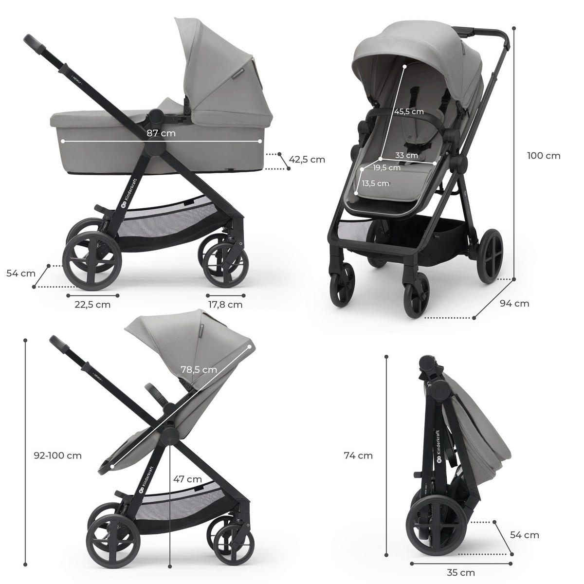 KINDERWAGENSET Newly 4 in 1  - Hellgrau/Schwarz, Basics, Metall (54/100/94cm) - kinderkraft