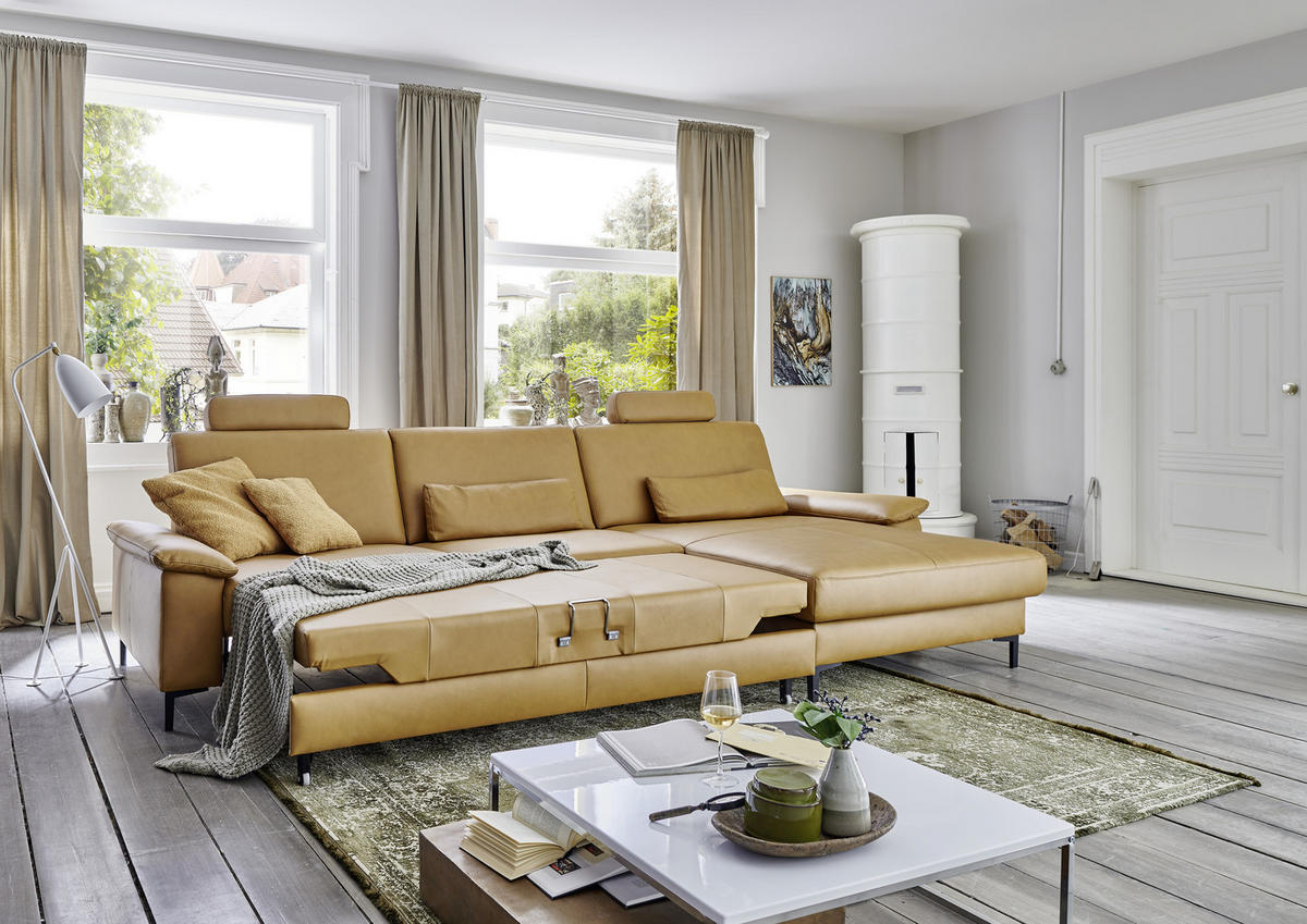 ECKSOFA in Echtleder Currygelb  - Currygelb/Schwarz, Design, Leder/Metall (176/334cm) - Dieter Knoll