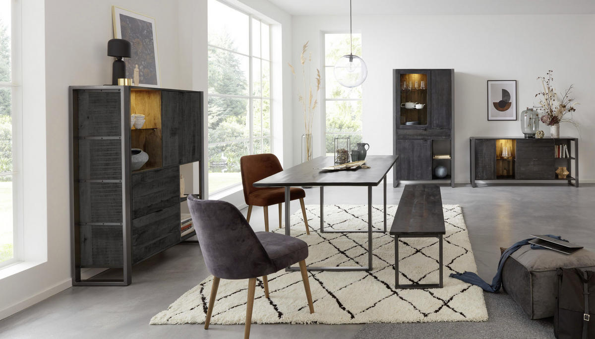 VITRINE in vollmassiv Mangoholz Schwarz  - Transparent/Anthrazit, Basics, Glas/Holz (104/200/40cm) - Livetastic