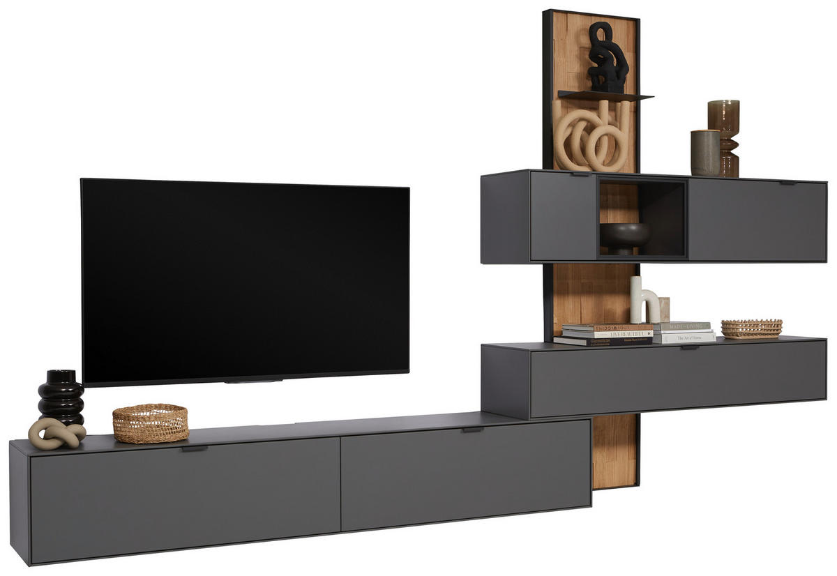 WOHNWAND 4-teilig  in Graphitfarben, Wildeiche 334,5/217,4/37,1 cm  - Wildeiche/Schwarz, Design, Glas/Holz (334,5/217,4/37,1cm) - Dieter Knoll
