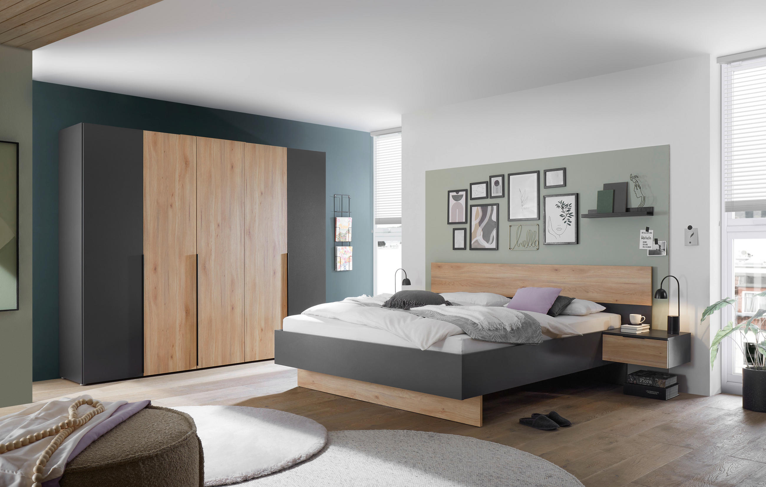 SCHLAFZIMMER Graphitfarben, Eichefarben  - Eichefarben/Graphitfarben, KONVENTIONELL, Holzwerkstoff (180/200cm) - Boxxx