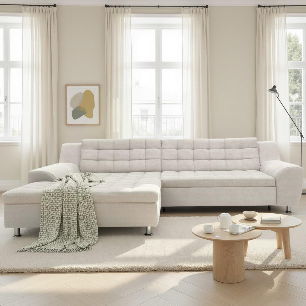 ECKSOFA MORTON Beige Mikrofaser  - Chromfarben/Beige, MODERN, Textil/Metall (304/200/84cm) - MID.YOU