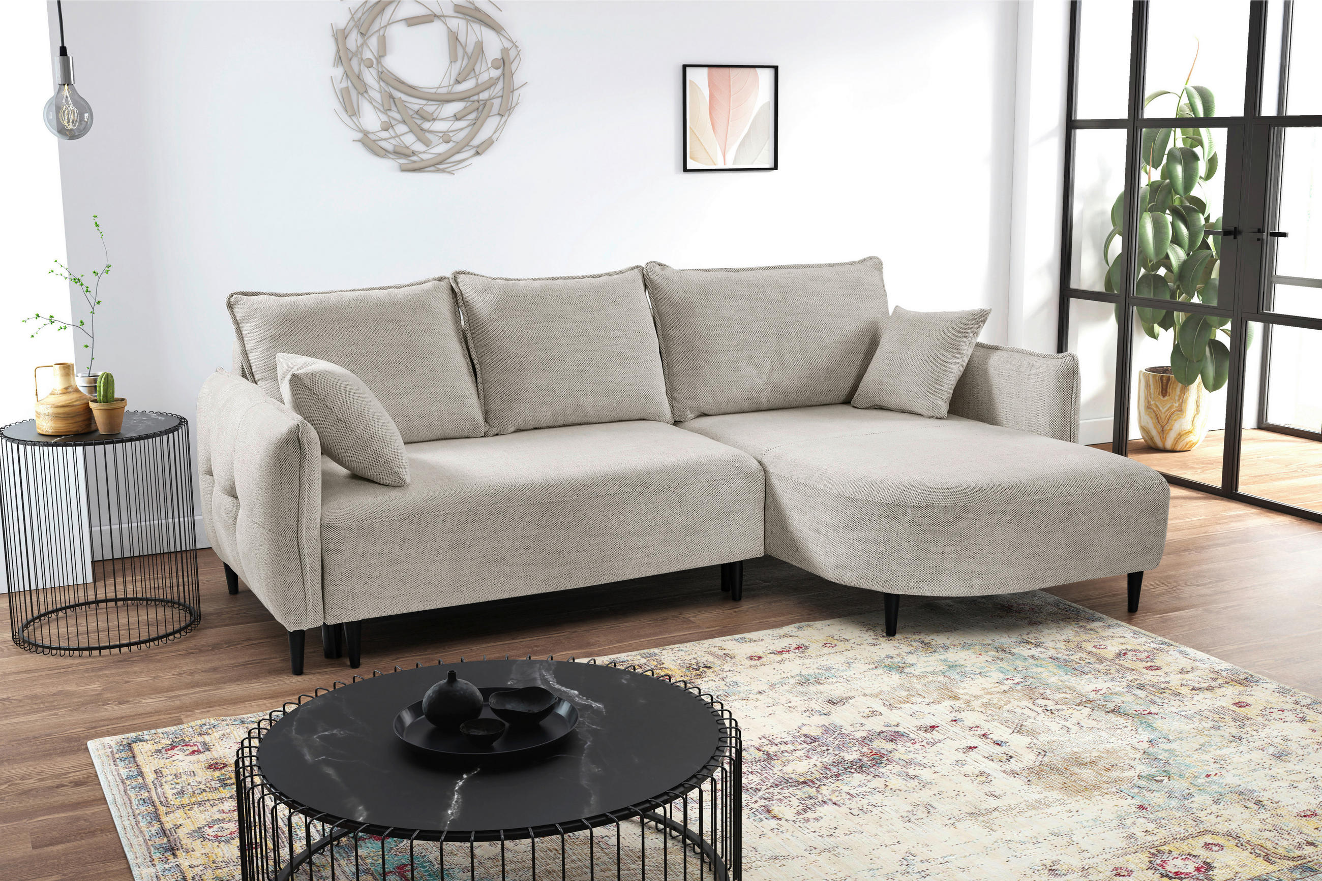 ECKSOFA in Struktur Creme  - Creme/Schwarz, Design, Holz/Textil (244/165cm) - MID.YOU
