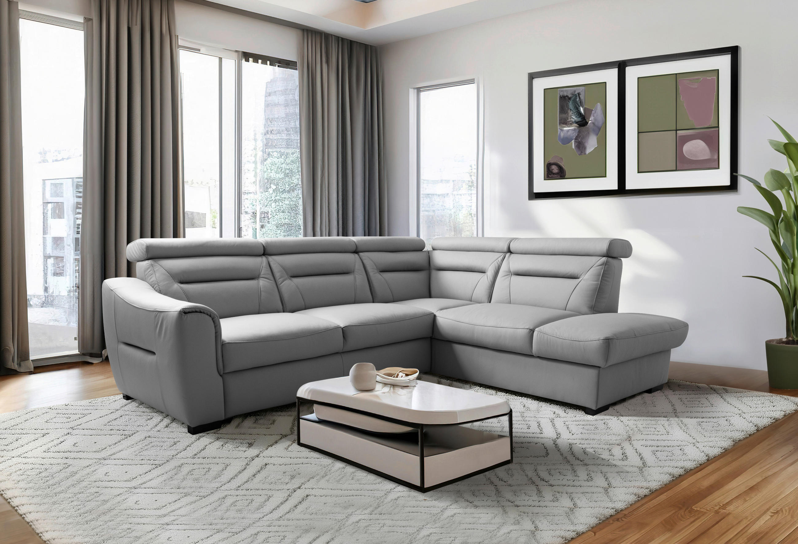 ECKSOFA  in Lederlook Echtleder Platinfarben  - Platinfarben/Wengefarben, Design, Leder/Holz (260/212cm) - Celina Home