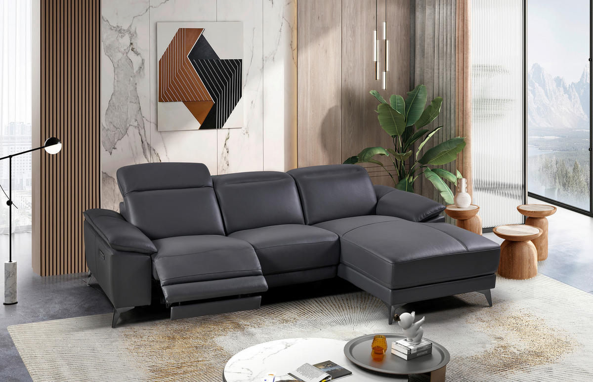 ECKSOFA Grau Echtleder  - Schwarz/Grau, Design, Leder/Metall (255/171cm) - Livetastic