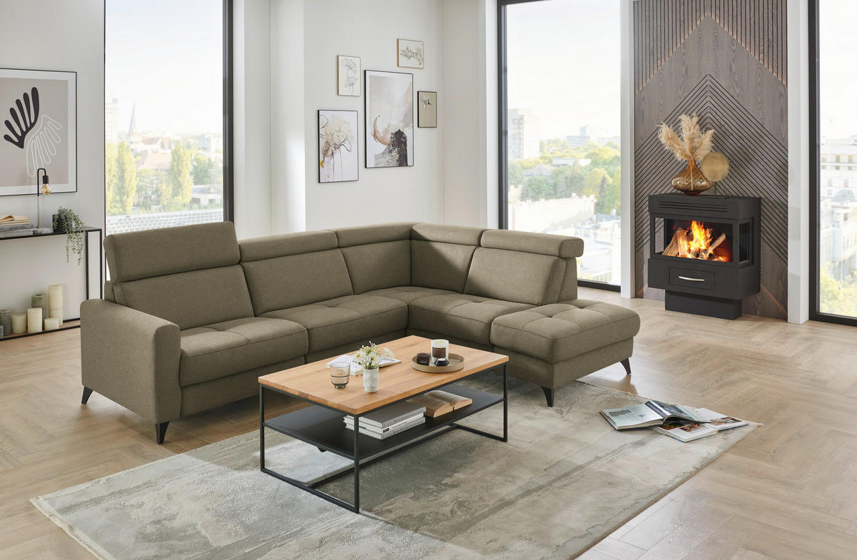 ECKSOFA Flachgewebe Graugrün  - Schwarz/Graugrün, Konventionell, Textil/Metall (276/214cm) - Beldomo System