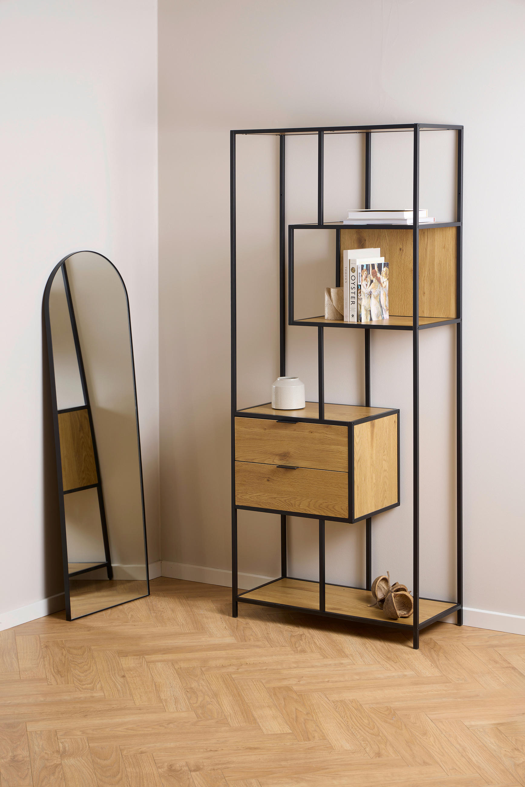 REGAL Eichefarben, Schwarz  - Eichefarben/Schwarz, MODERN, Holzwerkstoff/Metall (77/185/35cm)