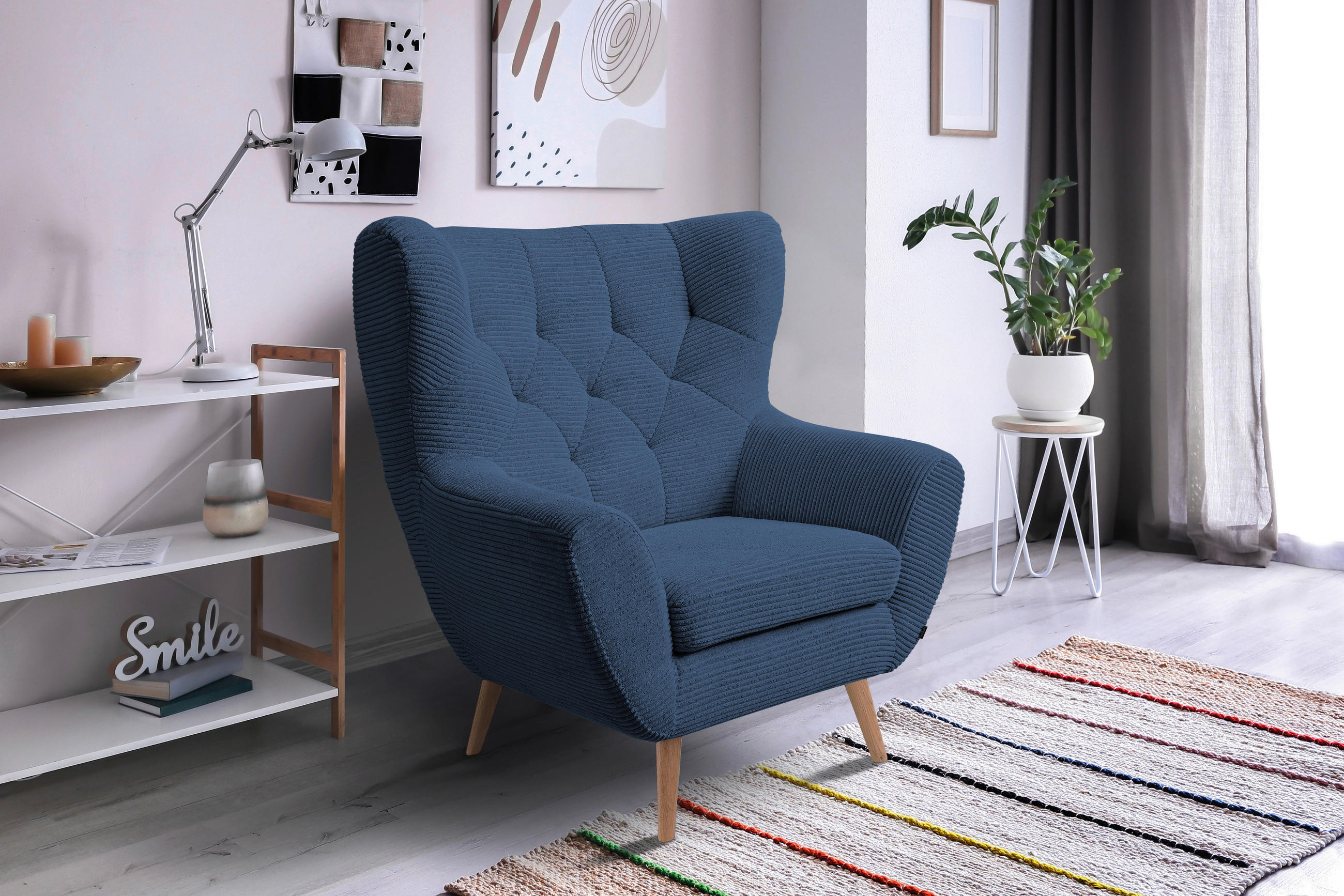 SESSEL in Cord Blau  - Blau/Eichefarben, Design, Holz/Textil (87/101/95cm) - Stylife