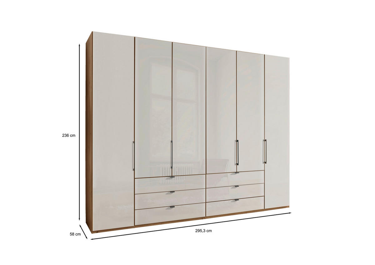 FALTTÜRENSCHRANK 300/236/58 cm 6-türig Champagner, Eiche Bianco  - Schieferfarben/Eiche Bianco, KONVENTIONELL, Glas/Holzwerkstoff (300/236/58cm) - Dieter Knoll
