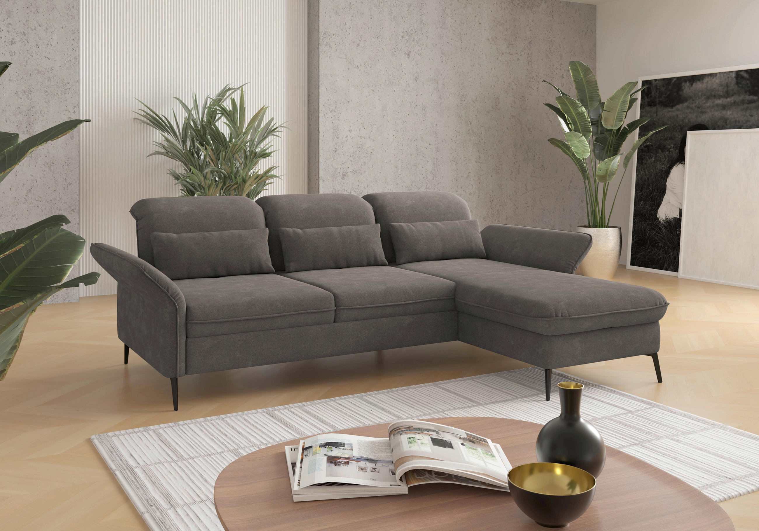 ECKSOFA Graphitfarben Flachgewebe  - Schwarz/Graphitfarben, KONVENTIONELL, Textil/Metall (264/198cm) - Sit & More