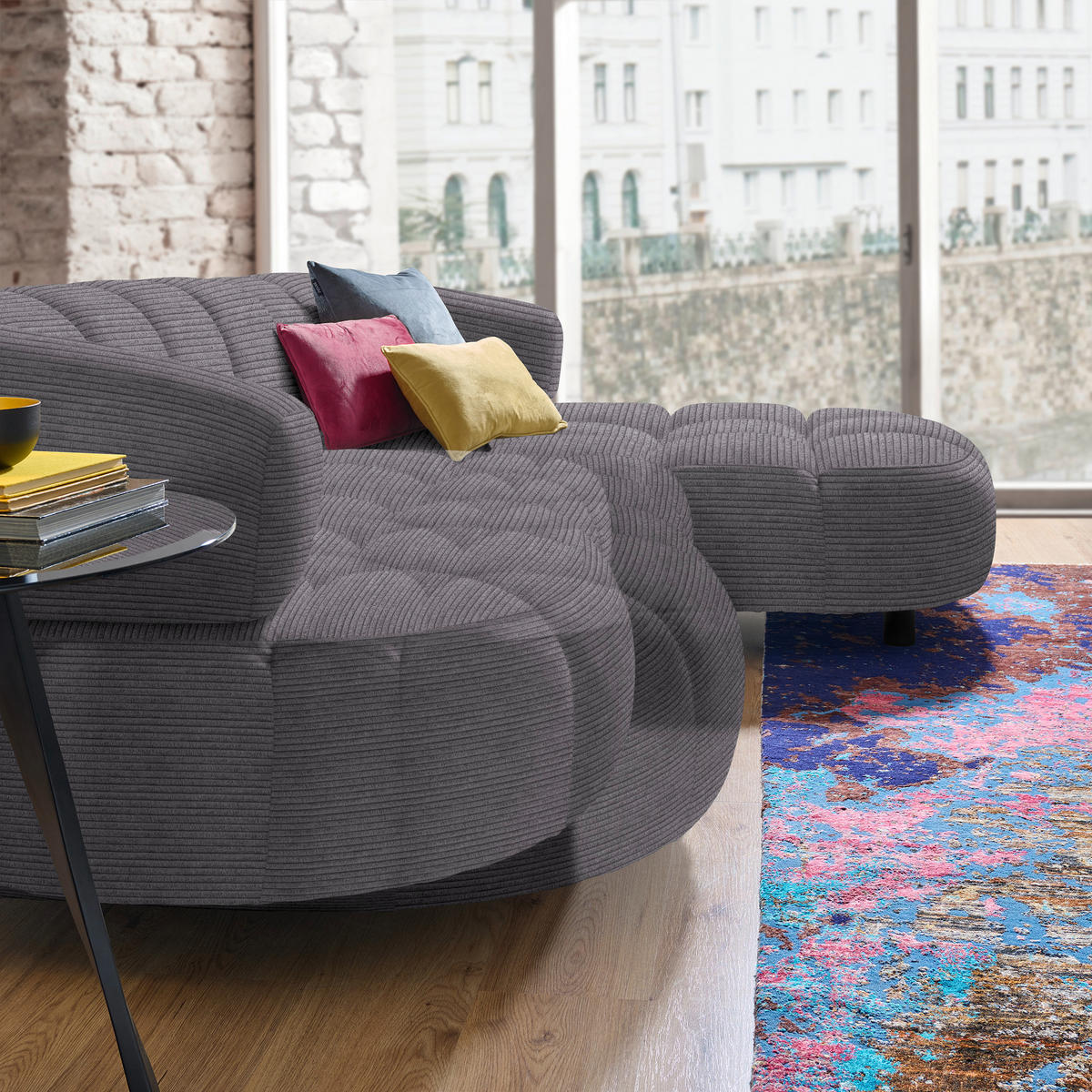 ECKSOFA in Cord, Velours Graubraun  284/183 cm  - Graubraun/Schwarz, Design, Holz/Textil (284/183cm) - Welnova