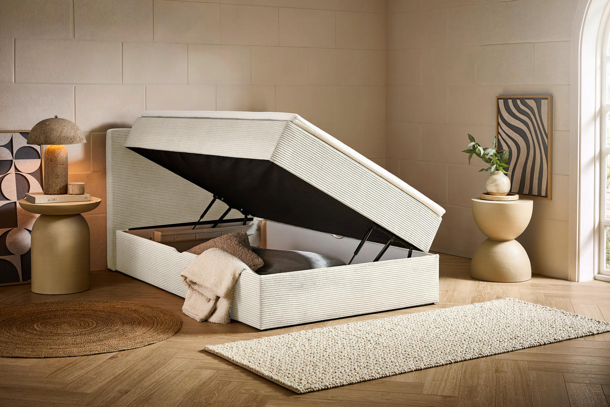 BOXBETT 120/200 cm,  in Beige, Kissen, Bettkasten, Topper, H3 = fest  - Beige/Schwarz, Design, Kunststoff/Textil (120/200cm) - Chameo