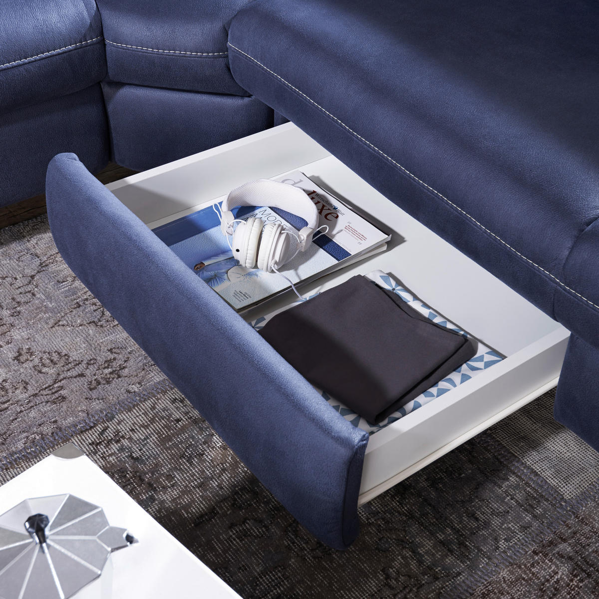 ECKSOFA in Flachgewebe, Mikrofaser Dunkelblau  - Beige/Alufarben, Design, Textil/Metall (239/271cm) - Cantus